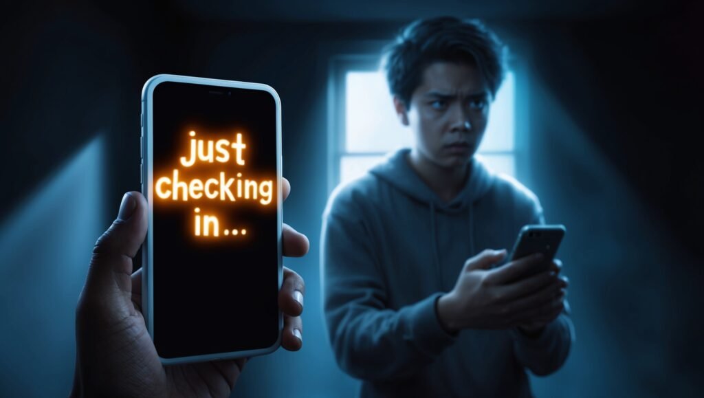 A person holding a phone displaying a cryptic message that reads 'Just checking in...', with a glowing, ambiguous font. The individual looks confused and curious, staring at the screen. The background is dimly lit with shadows, creating an uneasy, tense atmosphere. The contrast between the sudden message and the long silence beforehand is evident, emphasizing the emotional confusion and manipulation. The overall scene feels eerie, reflecting a sense of being trapped in uncertainty.