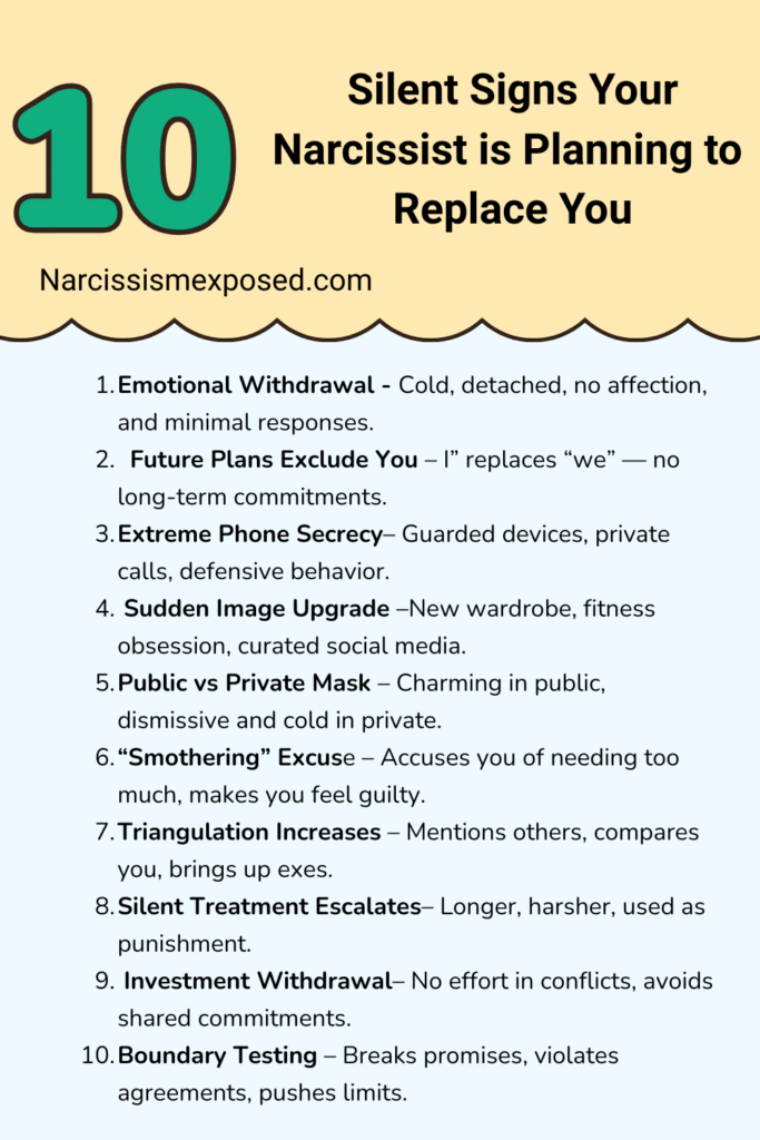 Infographic titled “10 Silent Signs Your Narcissist Is Planning to Replace You.” Lists signs including emotional withdrawal, exclusion from future plans, extreme phone secrecy, sudden image upgrades, public charm vs private coldness, smothering complaints, triangulation, longer silent treatments, withdrawal of investment, and boundary testing. Designed for narcissistic abuse awareness and relationship red flag education.