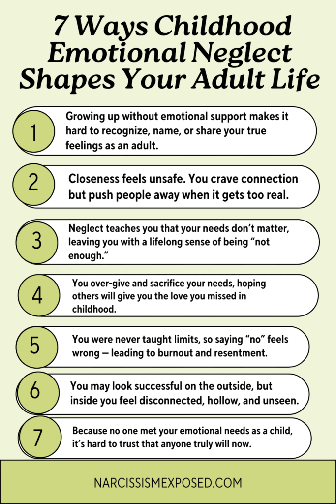 Infographic titled “7 Ways Childhood Emotional Neglect Shapes Your Adult Life.” Lists effects: emotional numbness, fear of intimacy, low self-worth, people-pleasing, boundary problems, feeling empty despite success, and difficulty trusting. Designed for emotional neglect awareness and healing.