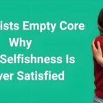 Are narcissists selfish? Woman in red sweater self-soothing against green background with text explaining narcissists' empty core and insatiable selfishness - a visual contrast between healthy self-love and narcissistic emptiness that drives their selfish behavior patterns