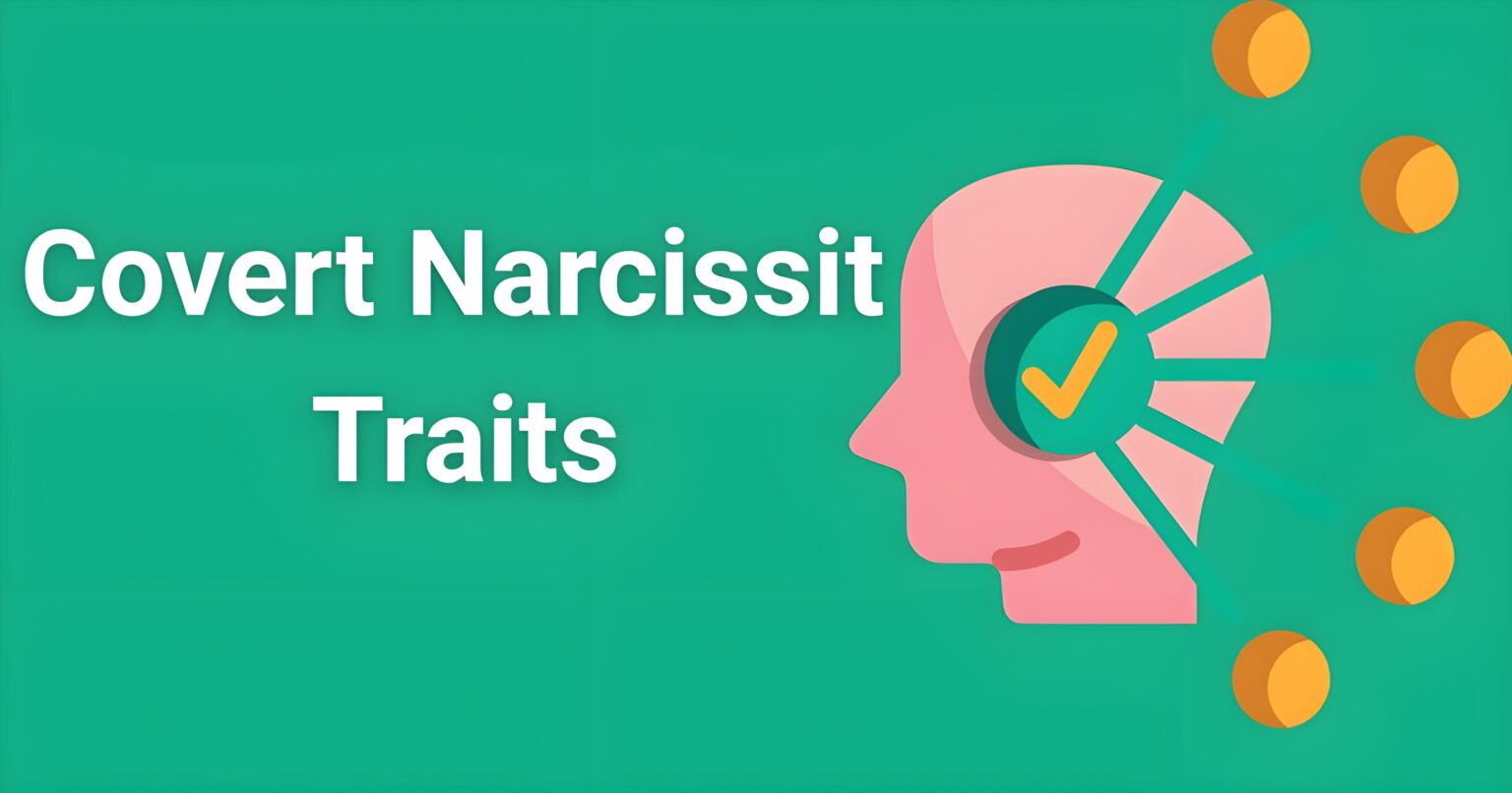 Covert narcissist traits infographic featuring pink head silhouette with green checkmark symbol on teal background