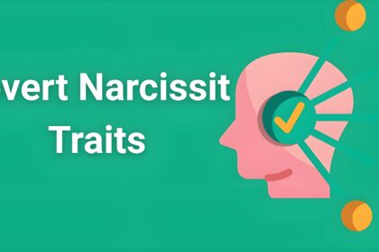 Covert narcissist traits infographic featuring pink head silhouette with green checkmark symbol on teal background