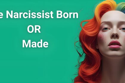 "Artistic portrait of person with vibrant rainbow hair on green background with text 'Are Narcissist Born OR Made' - featured image for narcissism psychology article"