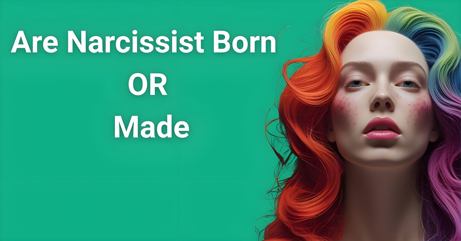 "Artistic portrait of person with vibrant rainbow hair on green background with text 'Are Narcissist Born OR Made' - featured image for narcissism psychology article"