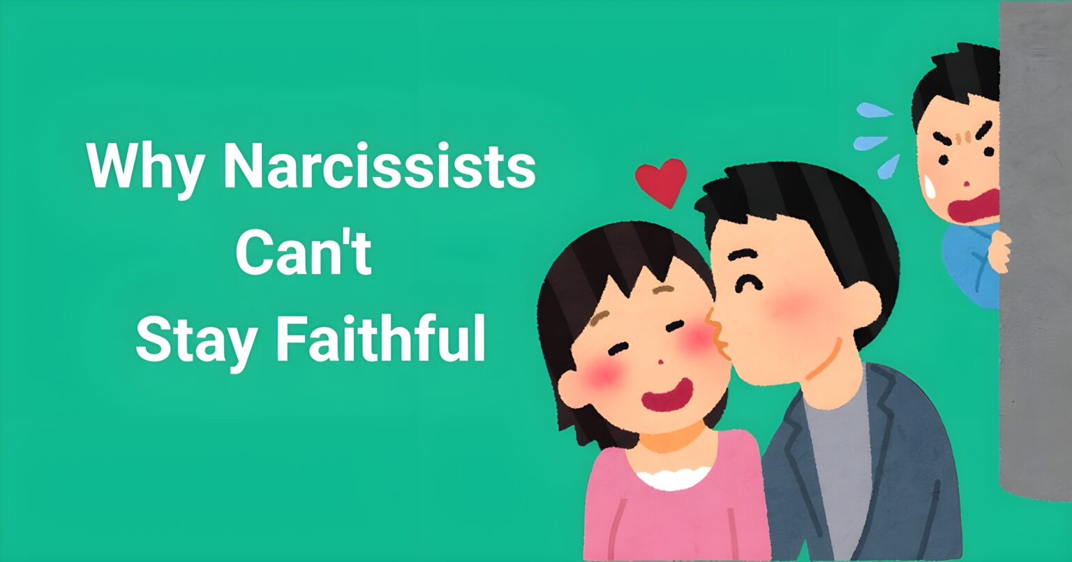 Are narcissist cheaters featured image showing why narcissists can't stay faithful with couple kissing while another person watches upset