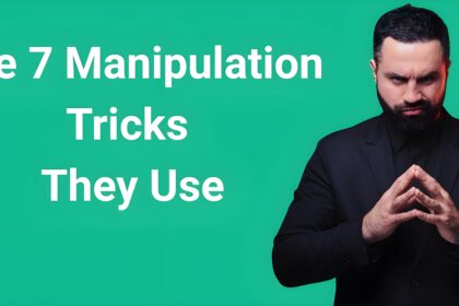 Are narcissist manipulative featured image showing the 7 manipulation tricks they use with calculating man in dark suit on green background
