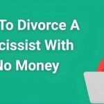 Woman planning escape from financial abuse while researching how to divorce a narcissist with no money on laptop