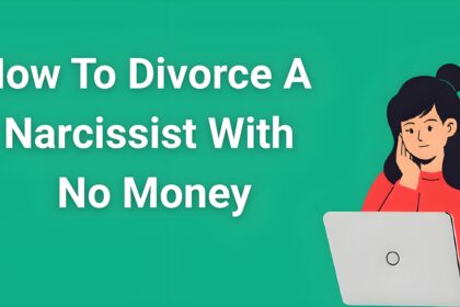 Woman planning escape from financial abuse while researching how to divorce a narcissist with no money on laptop