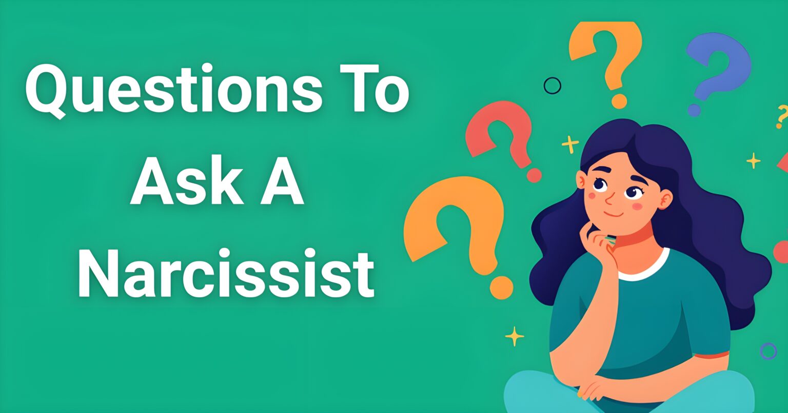 Woman thinking with colorful question marks around her - Questions to ask a narcissist guide illustration