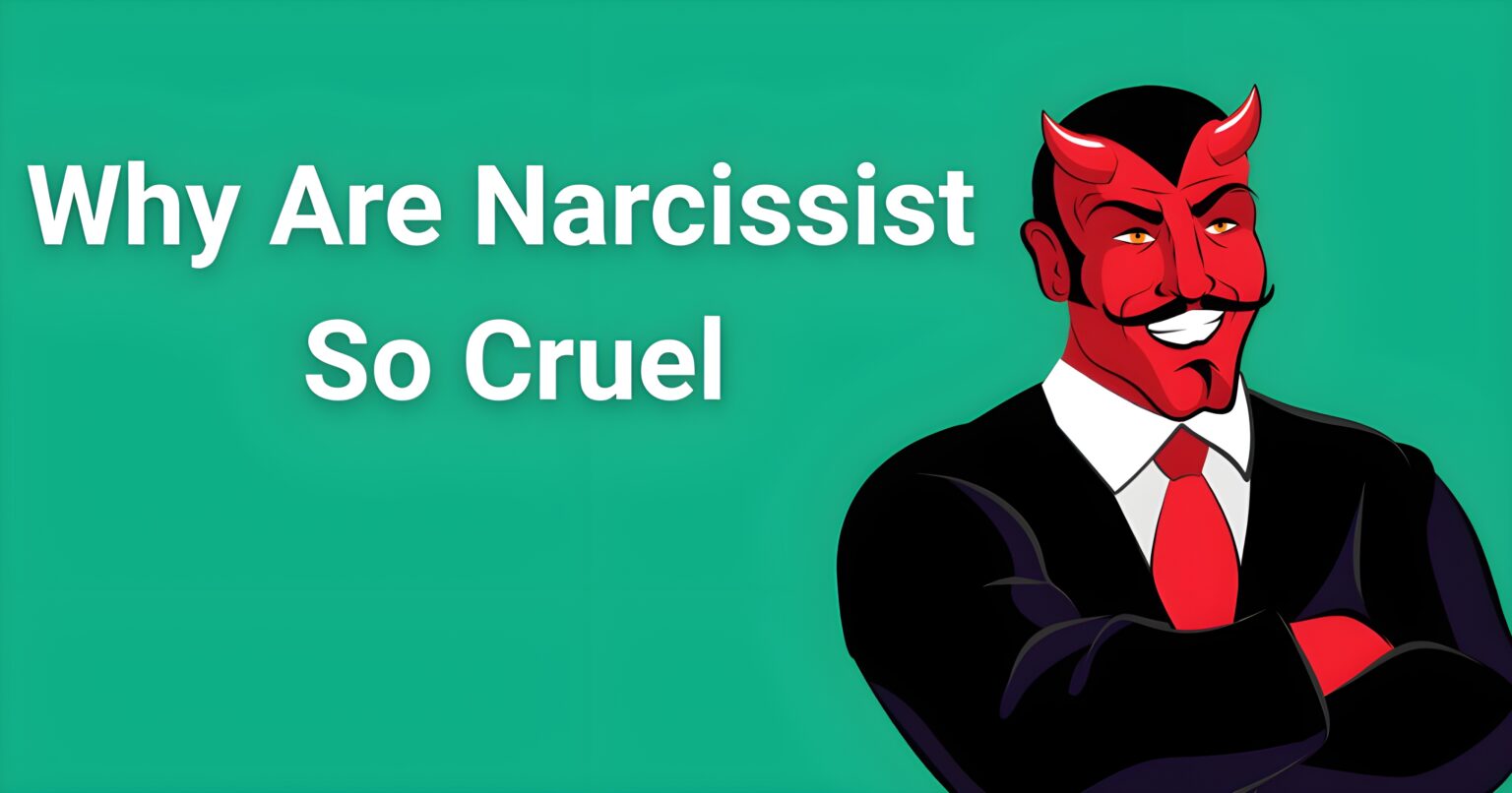 Illustration of a devilish narcissist in a suit with text 'Why Are Narcissists So Cruel' – highlighting narcissistic personality traits and cruelty for psychology or mental health content.