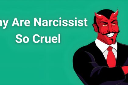 Illustration of a devilish narcissist in a suit with text 'Why Are Narcissists So Cruel' – highlighting narcissistic personality traits and cruelty for psychology or mental health content.