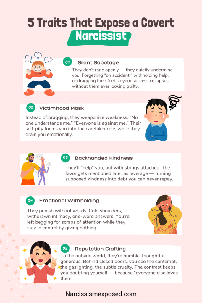 Infographic titled “5 Traits of a Covert Narcissist.” Lists subtle signs including victimhood mask, passive-aggressive behavior, emotional withholding, false humility, and hidden resentment. Designed for covert narcissist awareness and recovery.