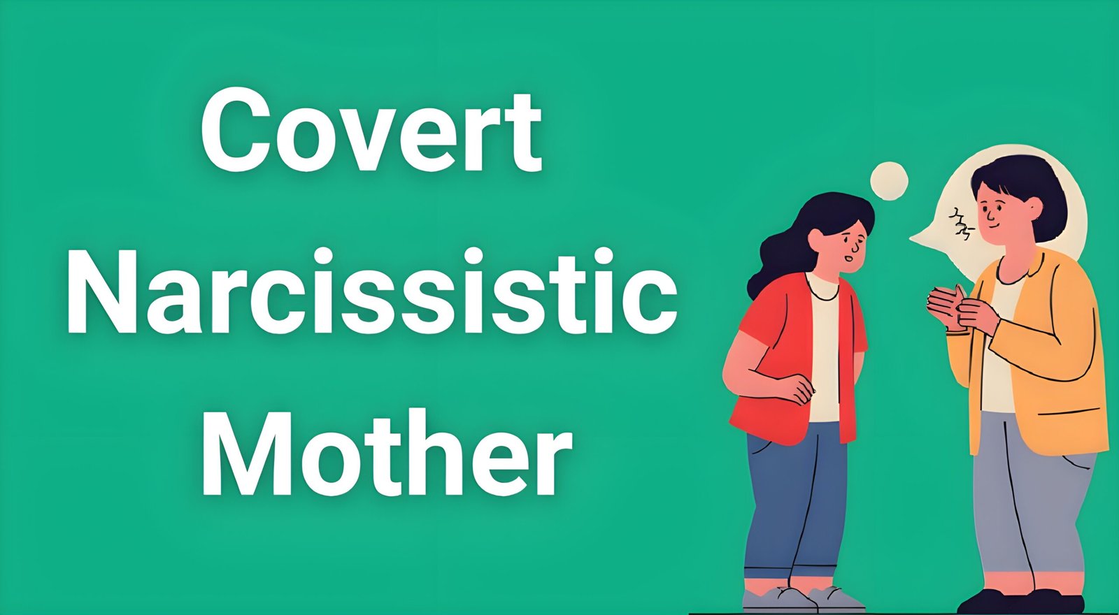 Woman looking confused and distressed while older woman gestures manipulatively in background representing covert narcissistic mother behavior