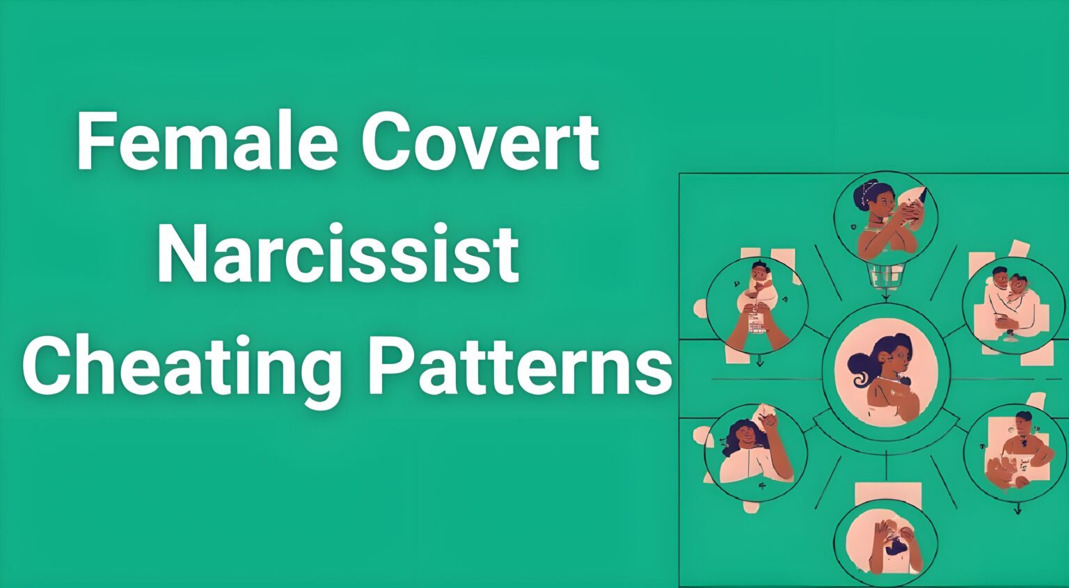 Female covert narcissist cheating patterns infographic showing manipulation tactics and warning signs for relationship abuse awareness