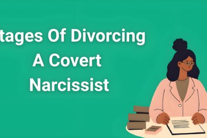 Woman reading legal documents during covert narcissist divorce stages with support resources and emotional recovery materials on desk
