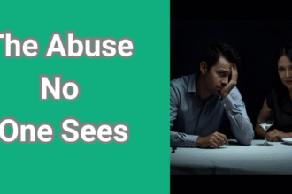 Husband looking drained at dinner table while covert narcissist wife hides emotions with subtle smile