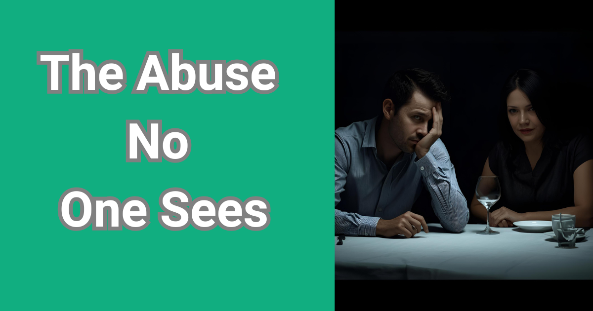 Husband looking drained at dinner table while covert narcissist wife hides emotions with subtle smile