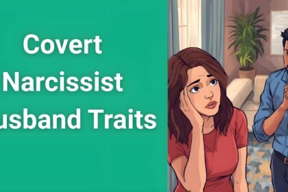 Woman looking confused while husband displays subtle manipulative behavior representing covert narcissist husband traits