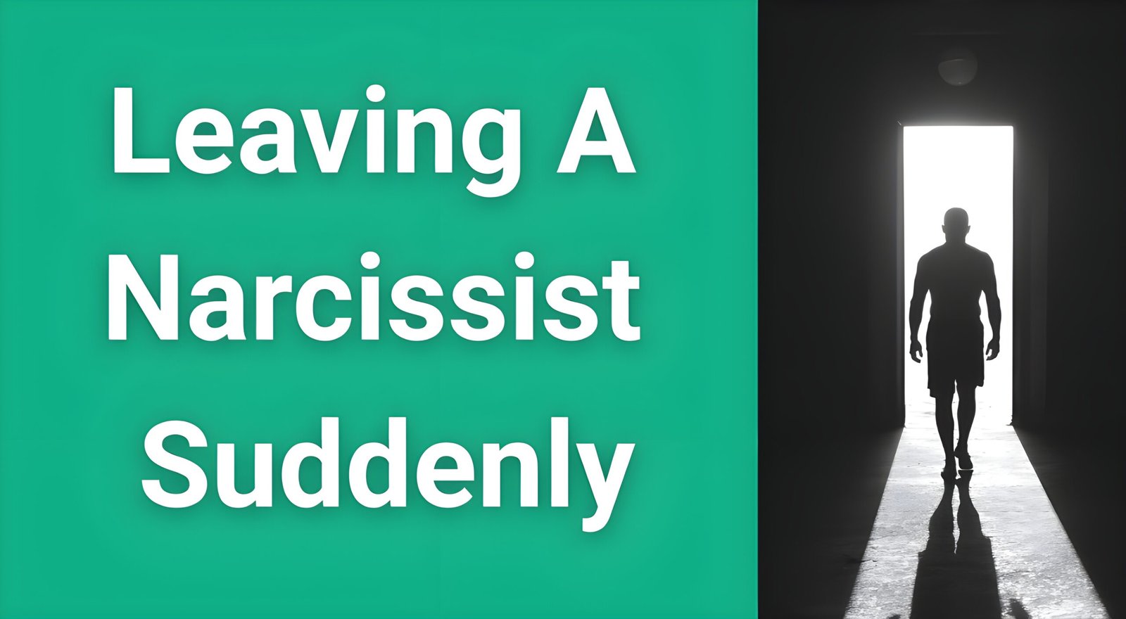 Person walking away from shadow figure toward bright doorway representing freedom from narcissistic abuse