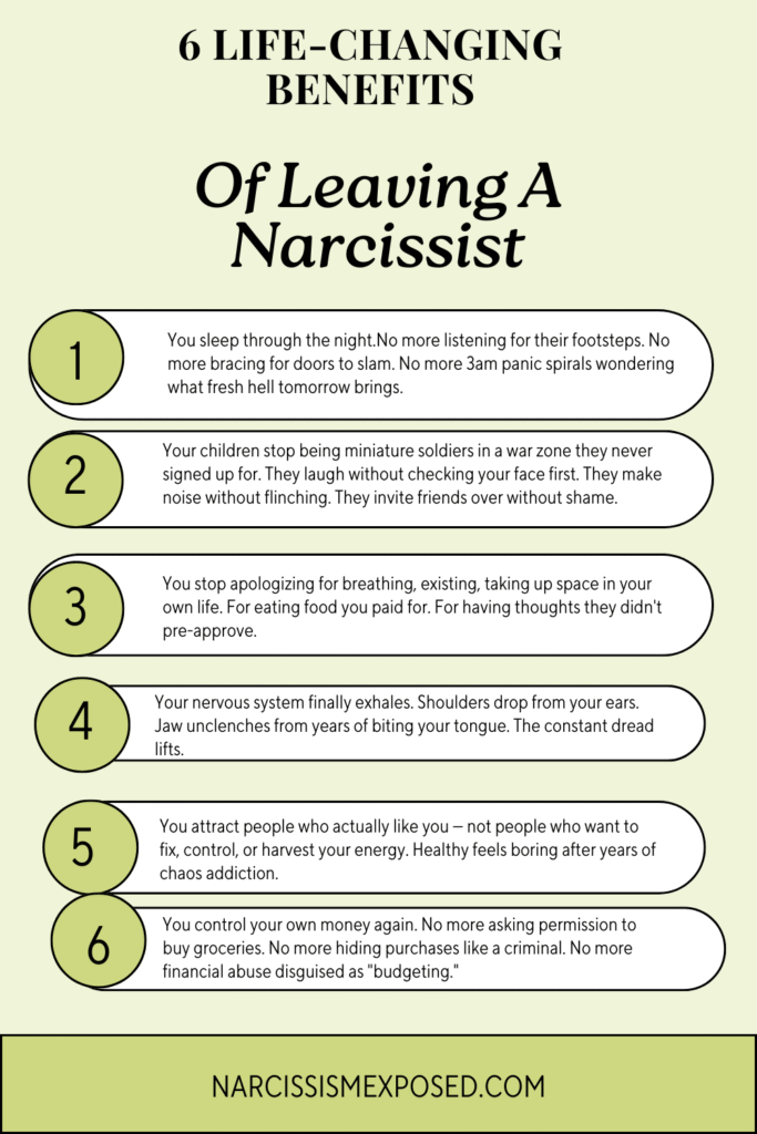 Infographic titled “6 Life-Changing Benefits of Leaving a Narcissist.” Lists benefits such as regaining self-worth, emotional freedom, inner peace, healthy boundaries, better relationships, and healing after abuse. Designed for narcissistic abuse recovery and awareness.