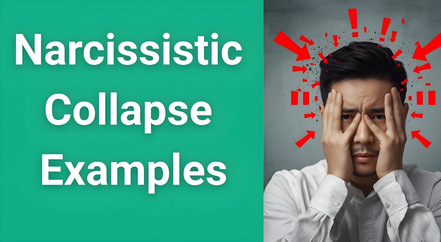 Person experiencing narcissistic collapse showing dramatic emotional breakdown with warning signs overlay text