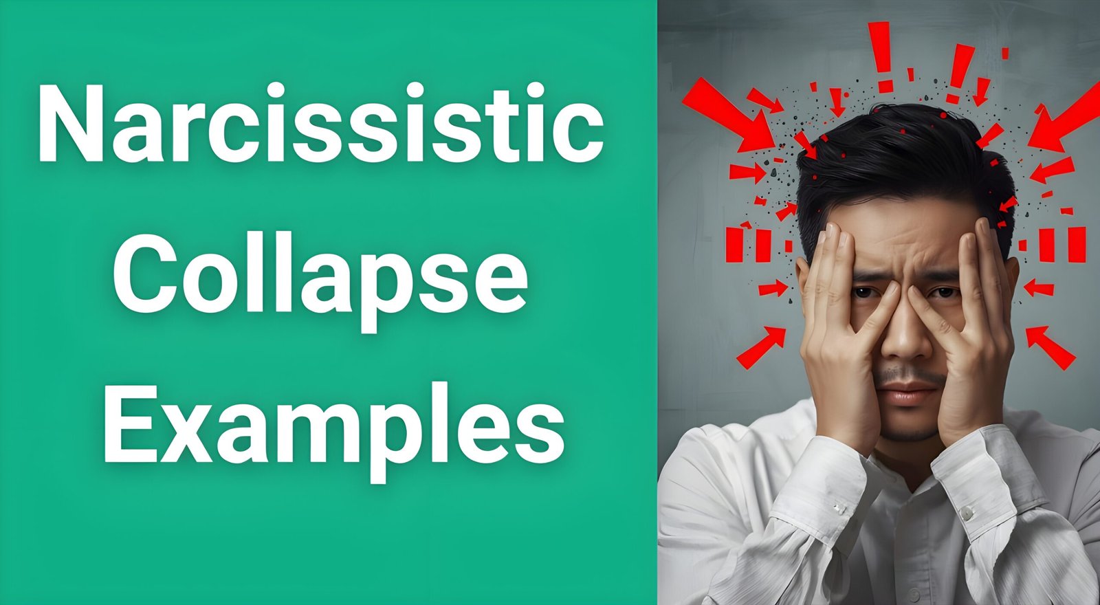 Person experiencing narcissistic collapse showing dramatic emotional breakdown with warning signs overlay text