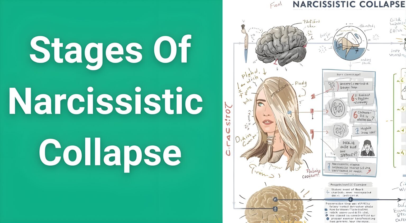 Seven stages of narcissistic collapse diagram showing progression from trigger event to final breakdown