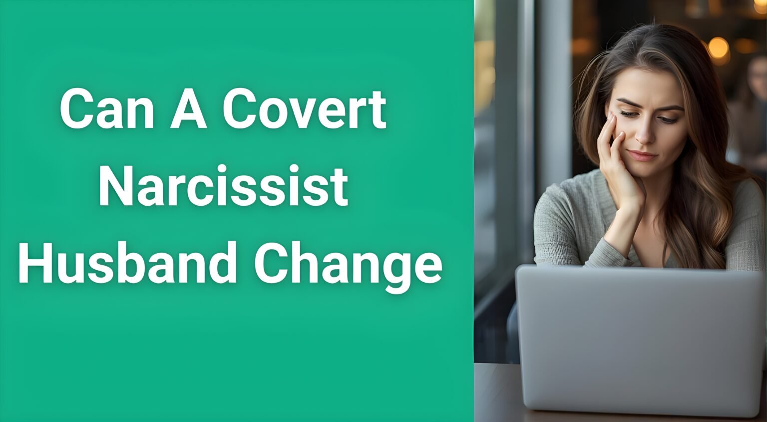 Woman wondering if her covert narcissist husband can change while reading expert analysis on her laptop