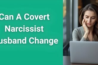 Woman wondering if her covert narcissist husband can change while reading expert analysis on her laptop