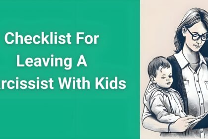 Mother protectively holding child while reviewing safety checklist for leaving narcissistic relationship