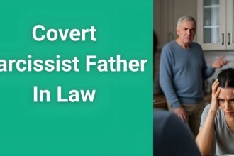 Woman looking stressed while man in background plays victim - signs of covert narcissist father in law manipulation