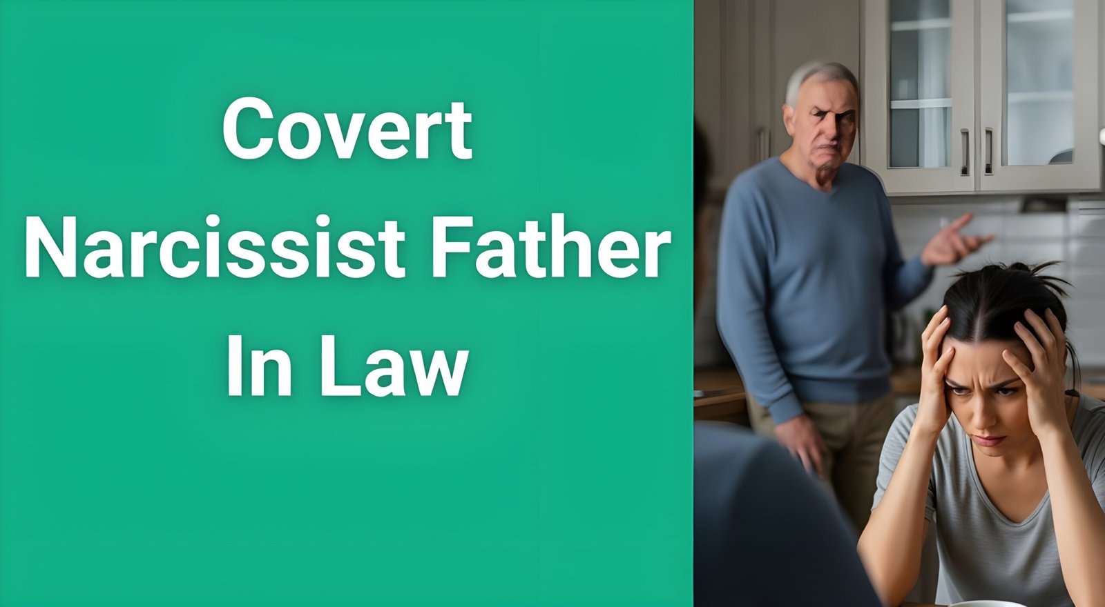 Woman looking stressed while man in background plays victim - signs of covert narcissist father in law manipulation