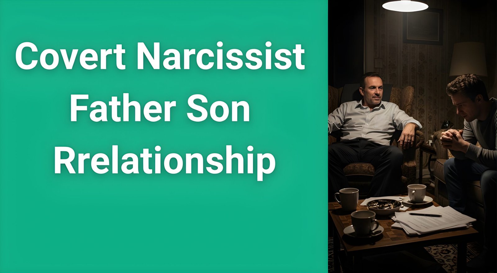 Father and adult son having tense conversation showing covert narcissist father son relationship dynamics