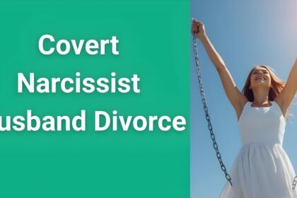 Woman breaking free from chains representing covert narcissist husband divorce liberation and emotional freedom