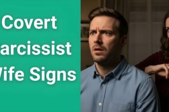 Man looking confused while wife displays covert narcissistic behavior in the background