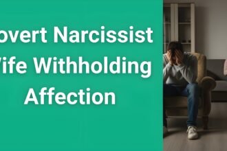 Sad man sitting alone while covert narcissist wife withholds affection and emotional intimacy in troubled marriage