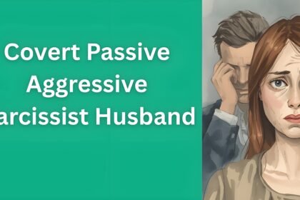Woman looking confused and sad while her husband uses passive aggressive tactics in the background, illustrating covert narcissistic behavior patterns