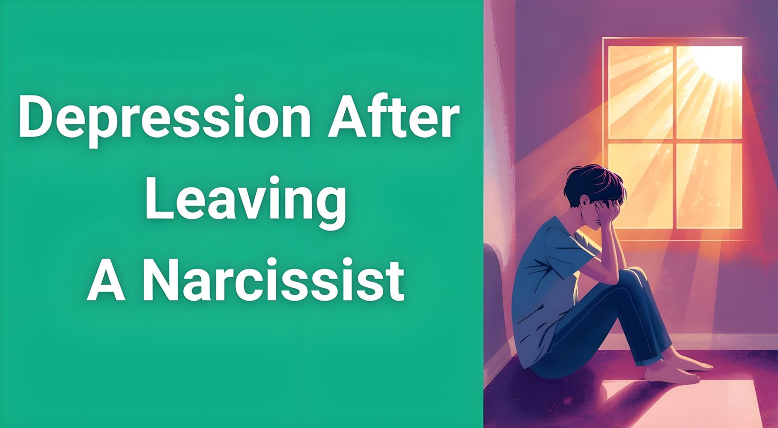 Person sitting alone looking sad after narcissistic breakup with sunlight streaming through window suggesting hope and recovery