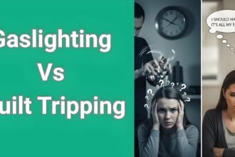 Split comparison showing woman questioning her reality from gaslighting versus woman feeling guilty - illustrating gaslighting vs guilt tripping differences