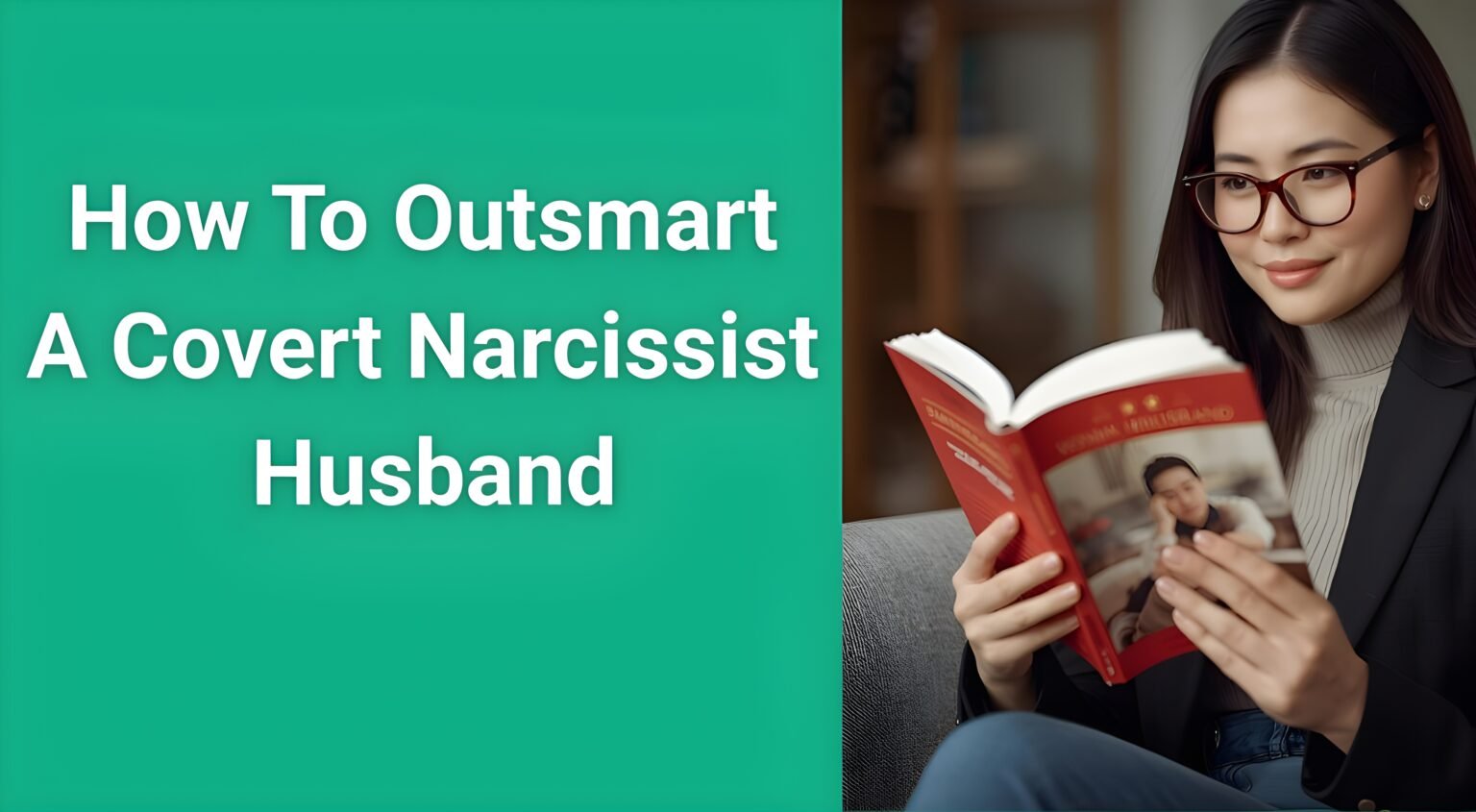 Woman reading survival guide on how to outsmart a covert narcissist husband with confidence and protection strategies