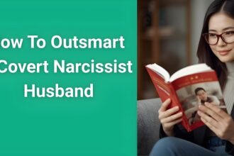 Woman reading survival guide on how to outsmart a covert narcissist husband with confidence and protection strategies