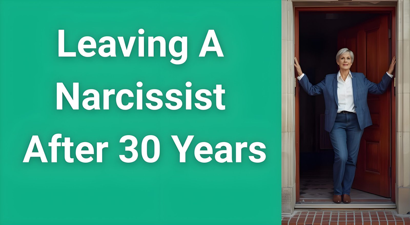 Woman in her 50s looking hopeful while standing at an open door, representing leaving a narcissist after 30 years to start a new life"