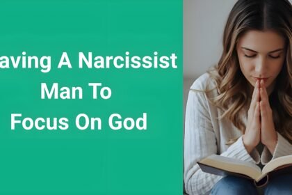 Christian woman praying with open Bible, symbolizing leaving a narcissist man to focus on God and finding spiritual freedom through faith