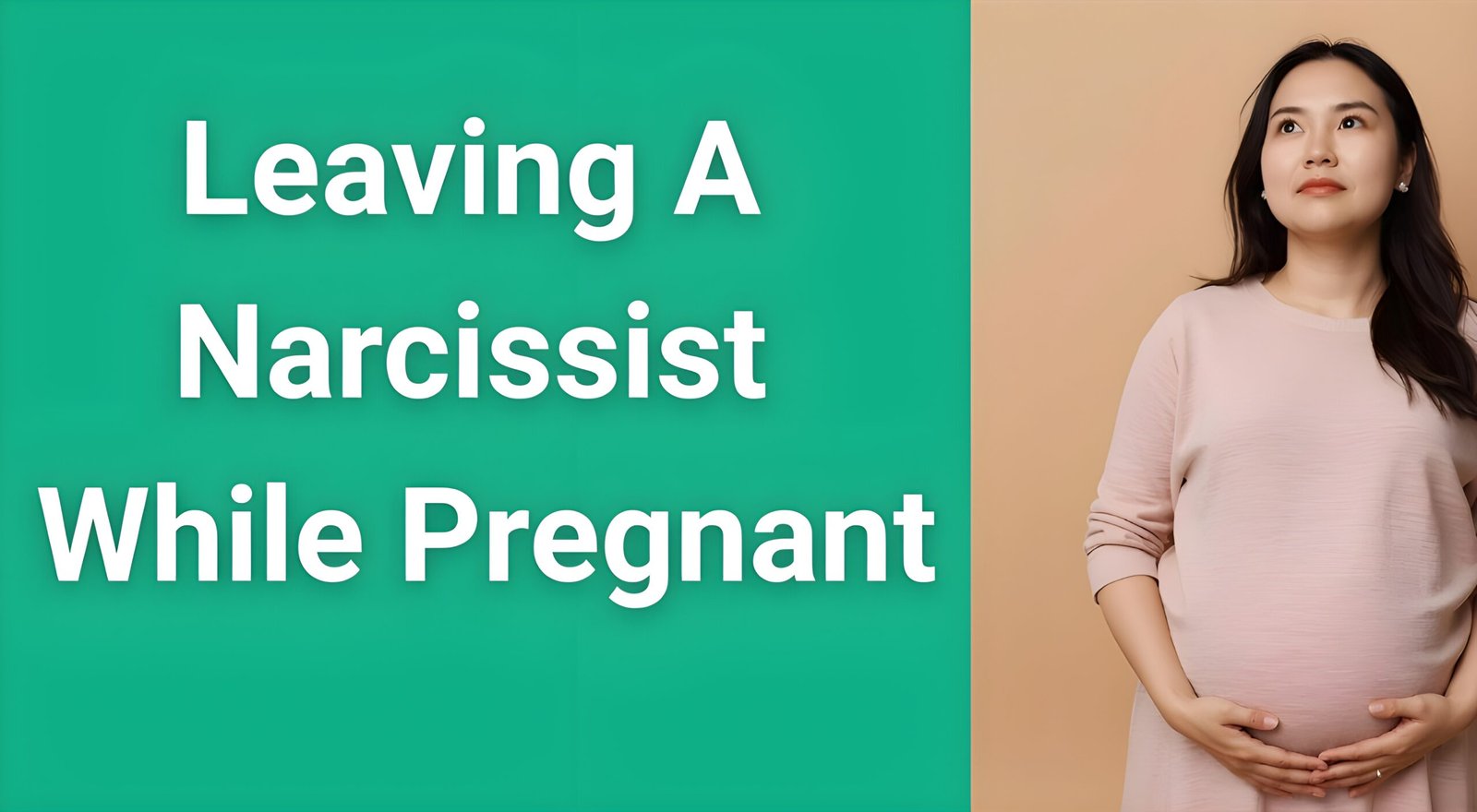 Pregnant woman looking hopeful while holding hands over belly, representing the courage of leaving a narcissist while pregnant for her baby's future