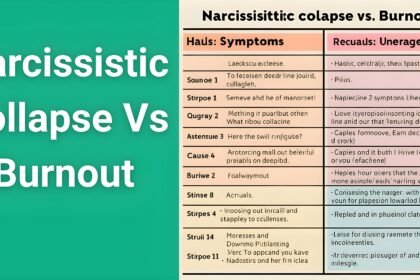 Comparison chart showing narcissistic collapse vs burnout symptoms, causes, and recovery methods for mental health awareness