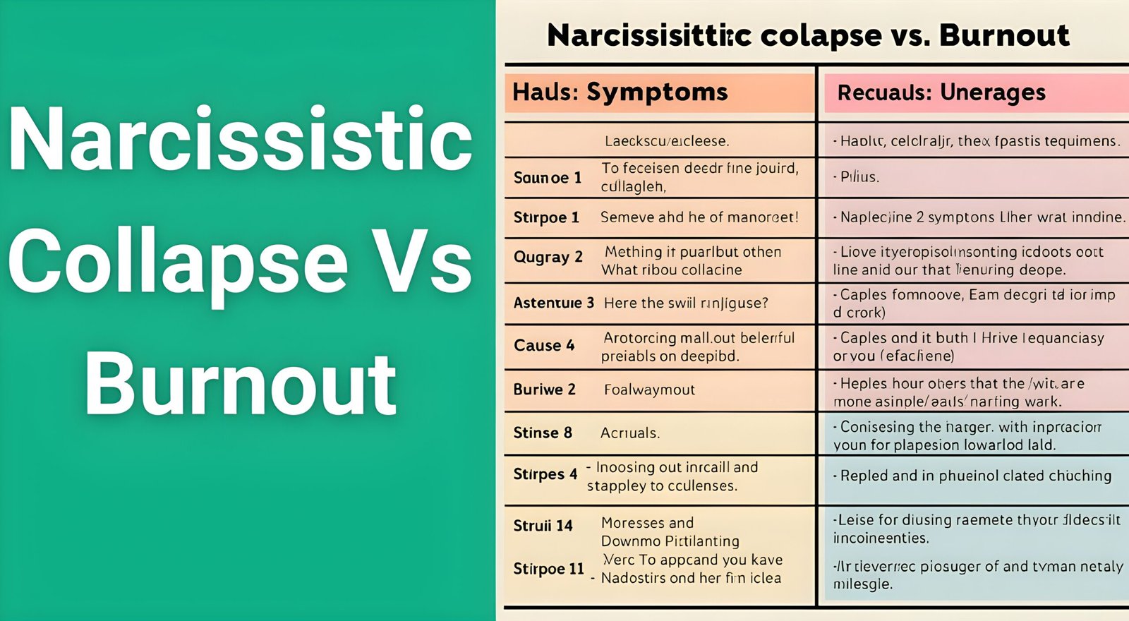 Comparison chart showing narcissistic collapse vs burnout symptoms, causes, and recovery methods for mental health awareness