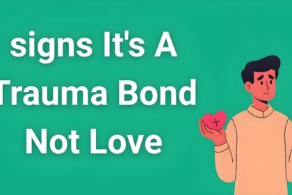 Person looking confused about relationship holding two heart symbols representing trauma bond vs healthy love