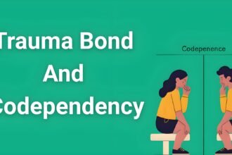 Infographic showing trauma bond and codependency differences with two people in contrasting relationship dynamics and recovery paths