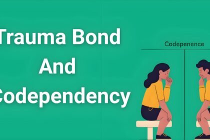 Infographic showing trauma bond and codependency differences with two people in contrasting relationship dynamics and recovery paths