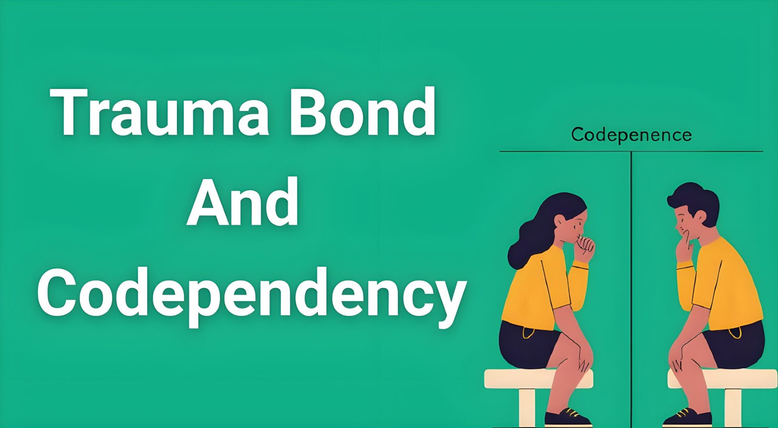 Infographic showing trauma bond and codependency differences with two people in contrasting relationship dynamics and recovery paths